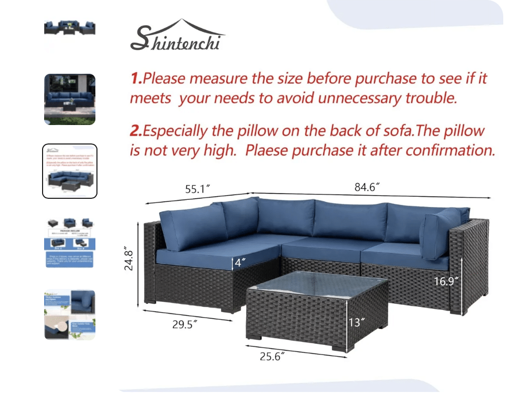 Shintenchi 5 Pieces Outdoor Patio Sectional Sofa Couch